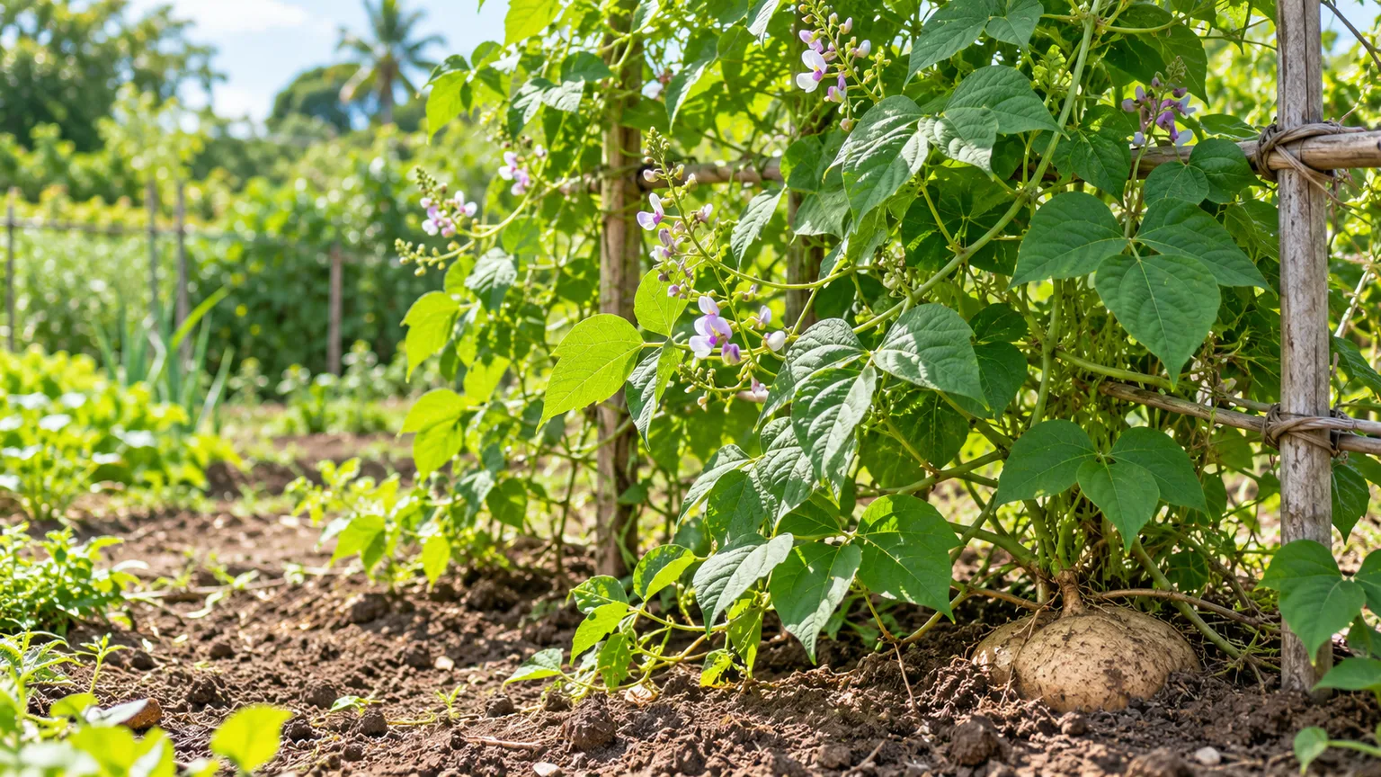 Healthy jicama vine climbing a trellis above its underground root