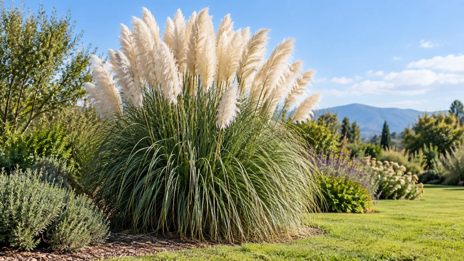 Feathery cream pampas grass plumes in a sunny garden