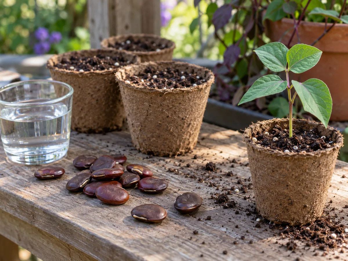 Purple hyacinth bean seeds, seed pots, and a young seedling arranged for starting a warm-season vine