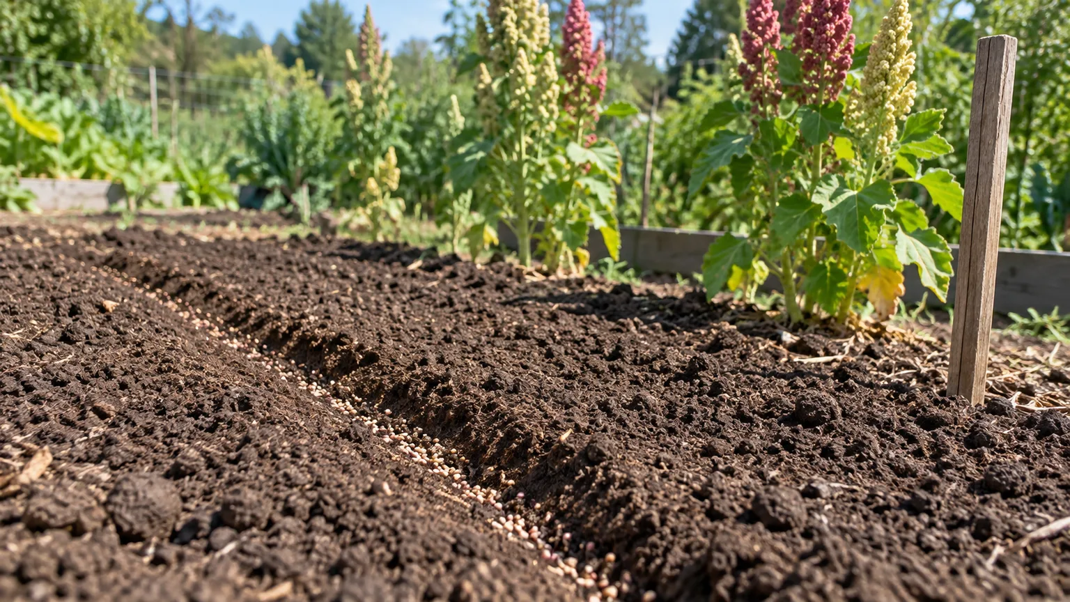 A shallow furrow of quinoa seeds in a prepared garden bed