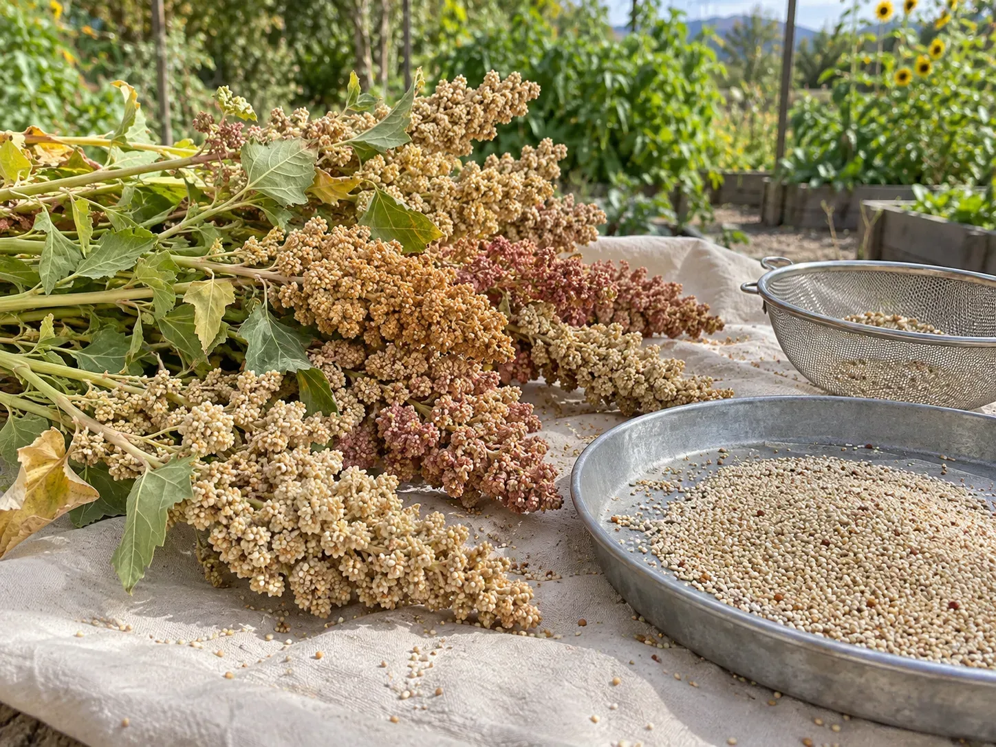 Dry quinoa panicles and collected seed arranged for a small-batch harvest