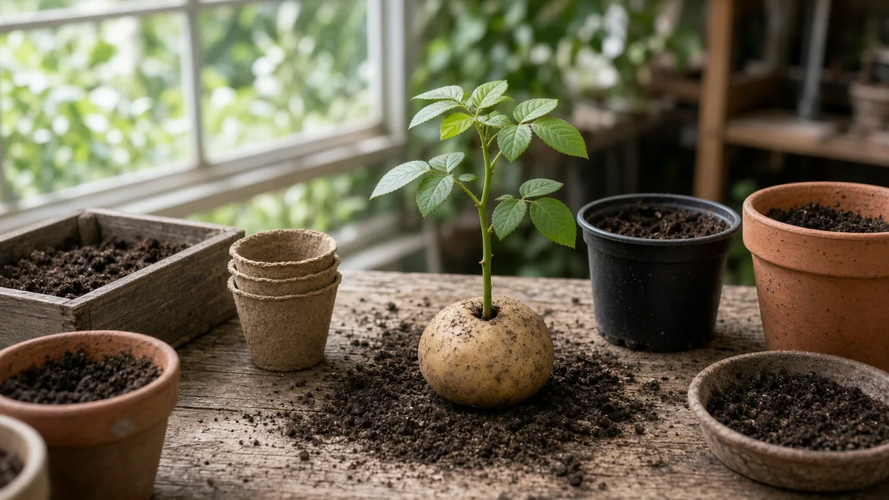Rose cutting planted in a potato beside a flowering rose bush