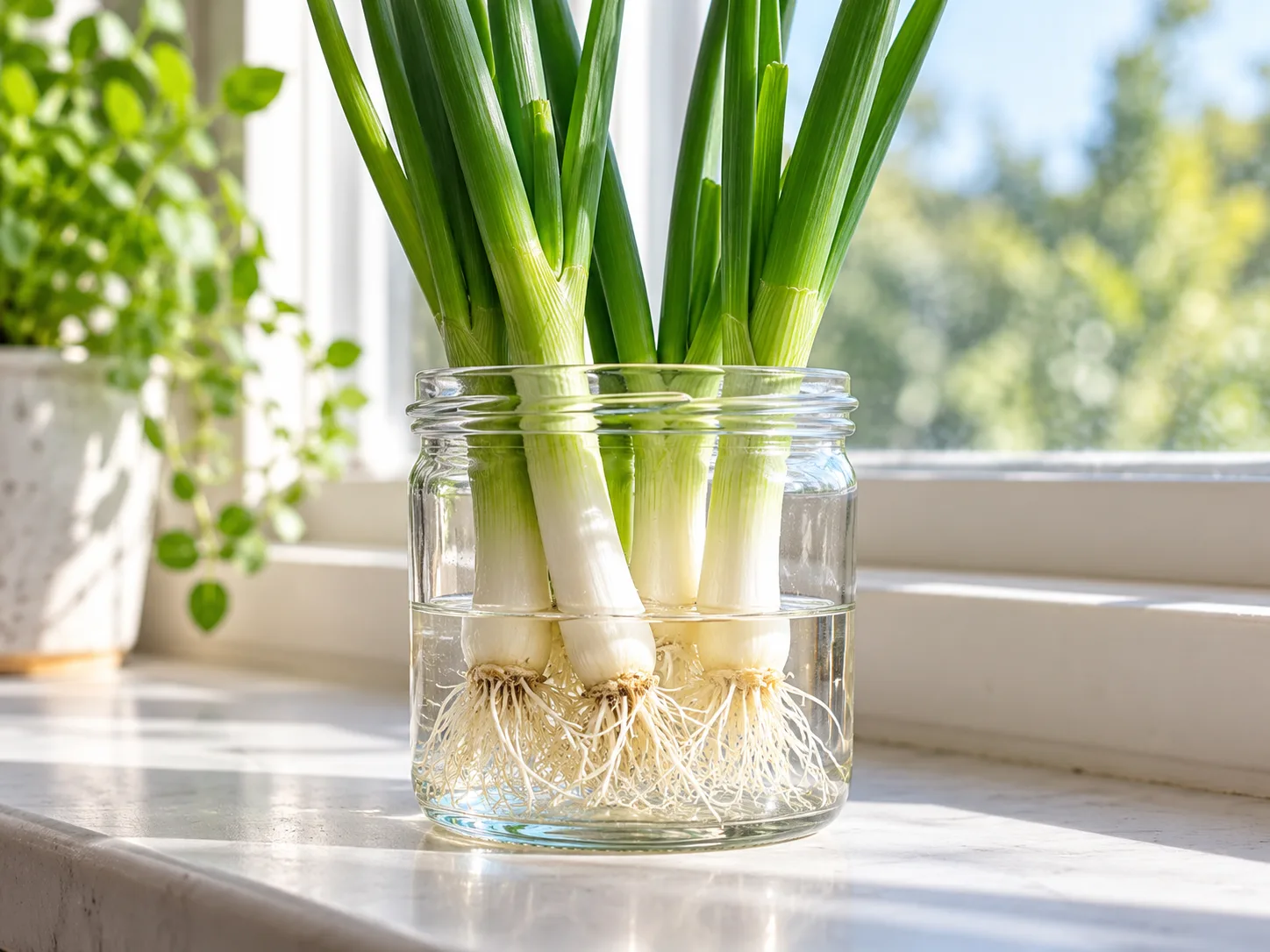 Rooted green onion ends held in shallow water on a bright windowsill