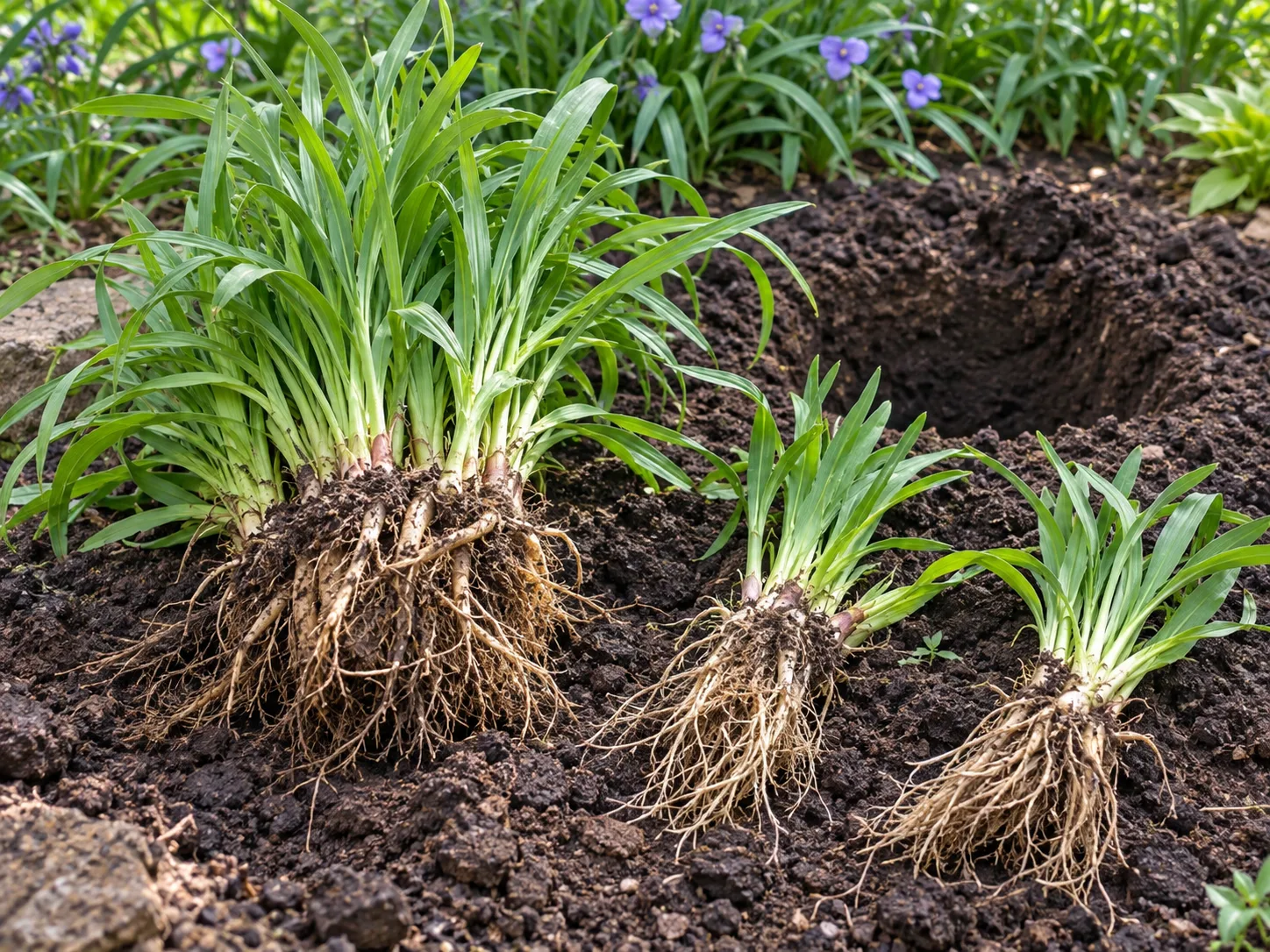Rooted Virginia spiderwort divisions ready to be replanted at the same depth.