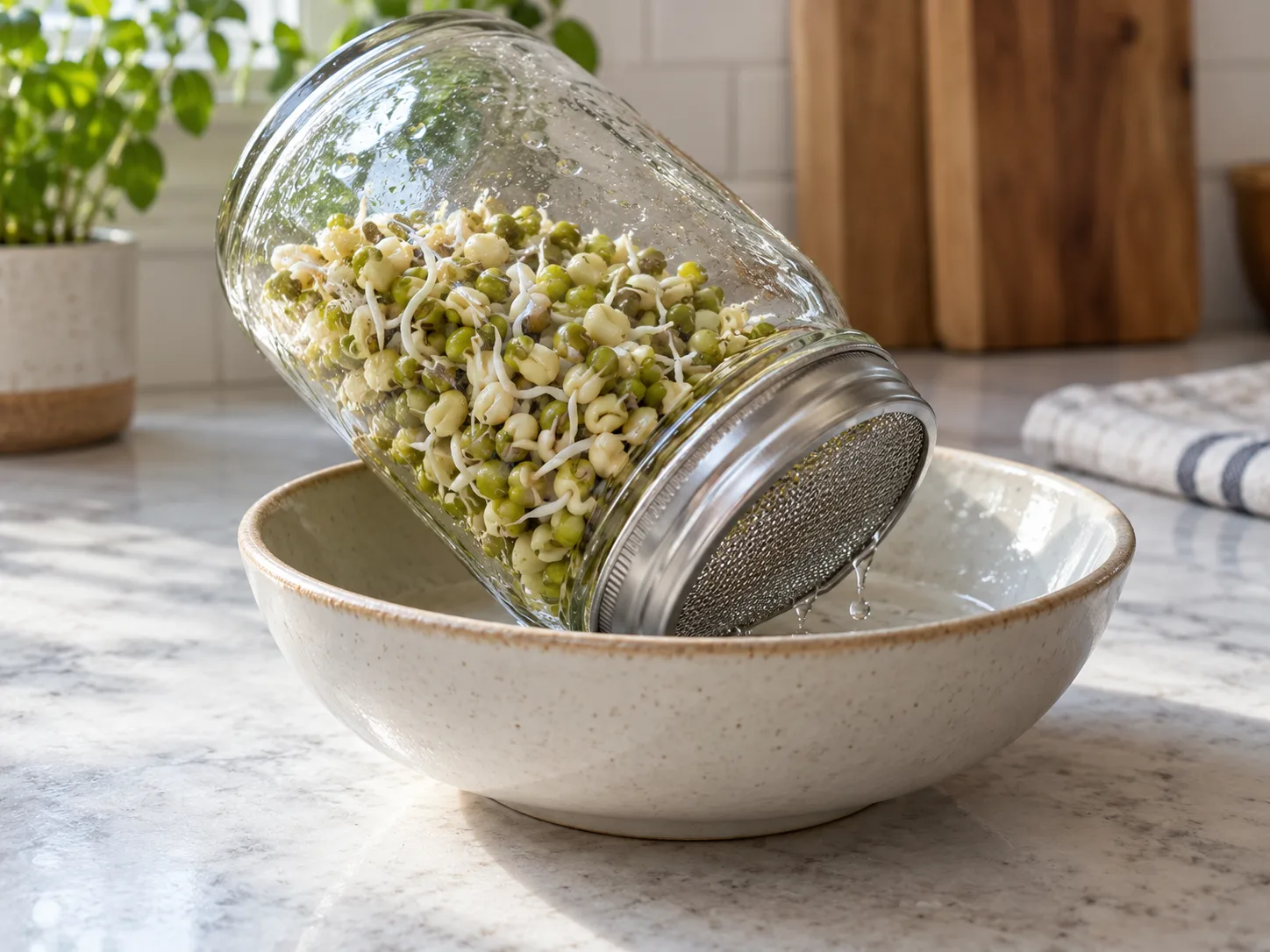 A jar of sprouts rests at an angle in a bowl so rinse water drains away and air can reach the seeds.