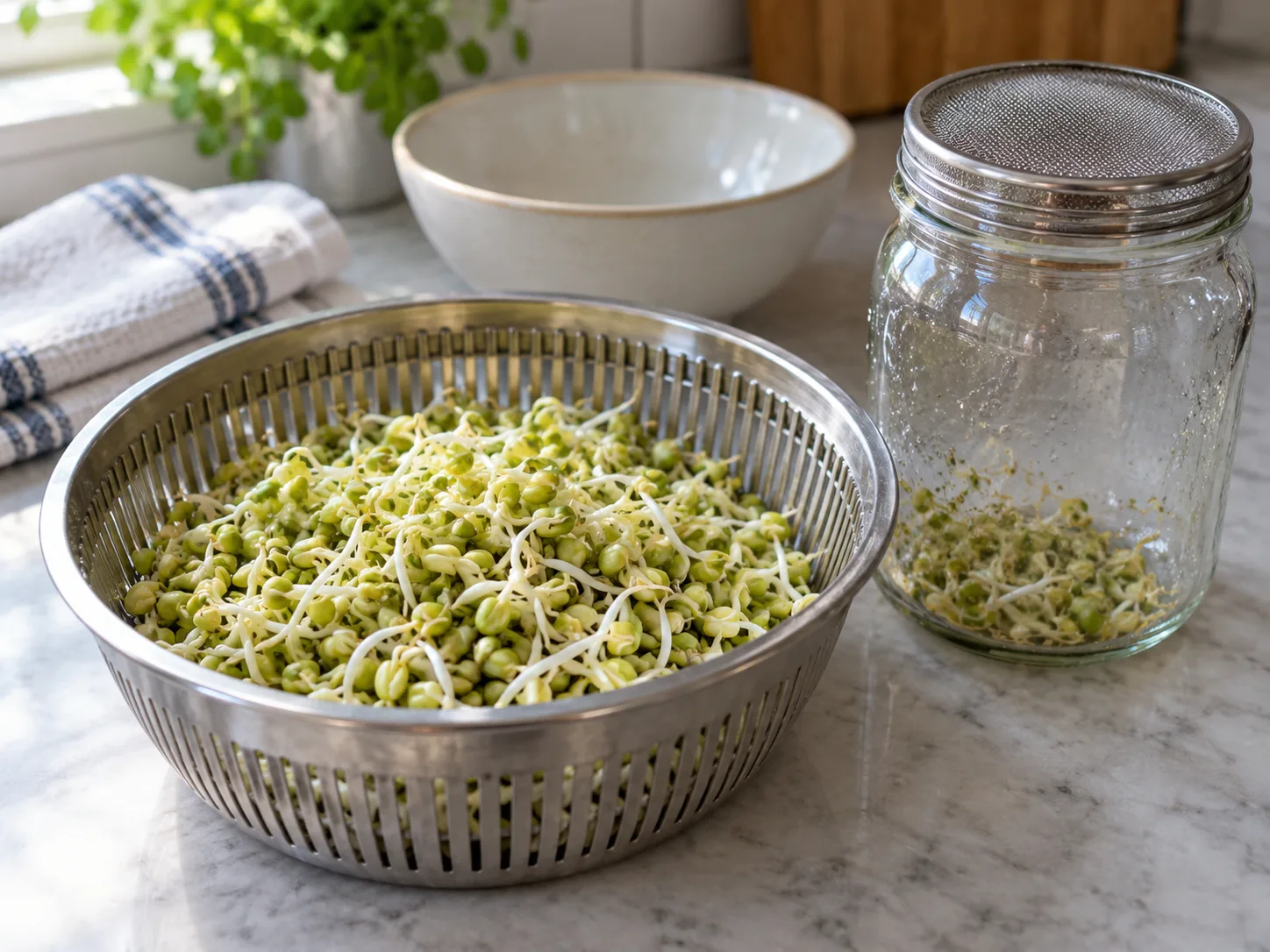 Fresh mung sprouts are rinsed and spread in a clean salad-spinner basket before drying and refrigeration.