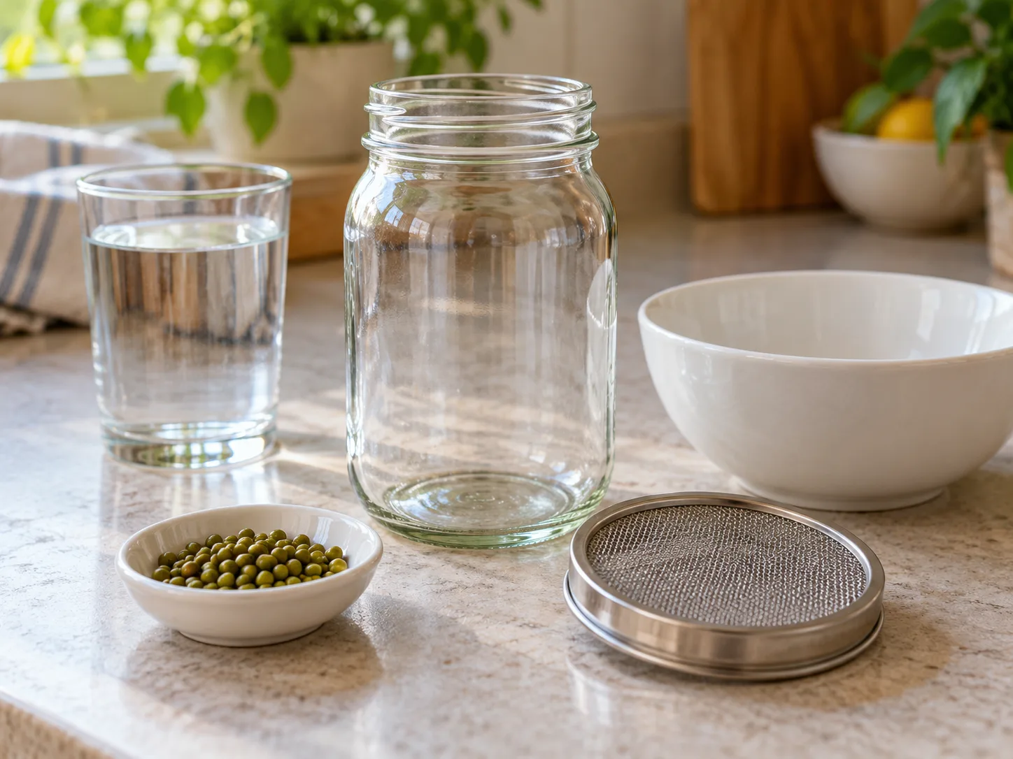 A clean wide-mouth jar, mesh sprouting lid, measured mung beans, fresh water, and a bowl for draining.