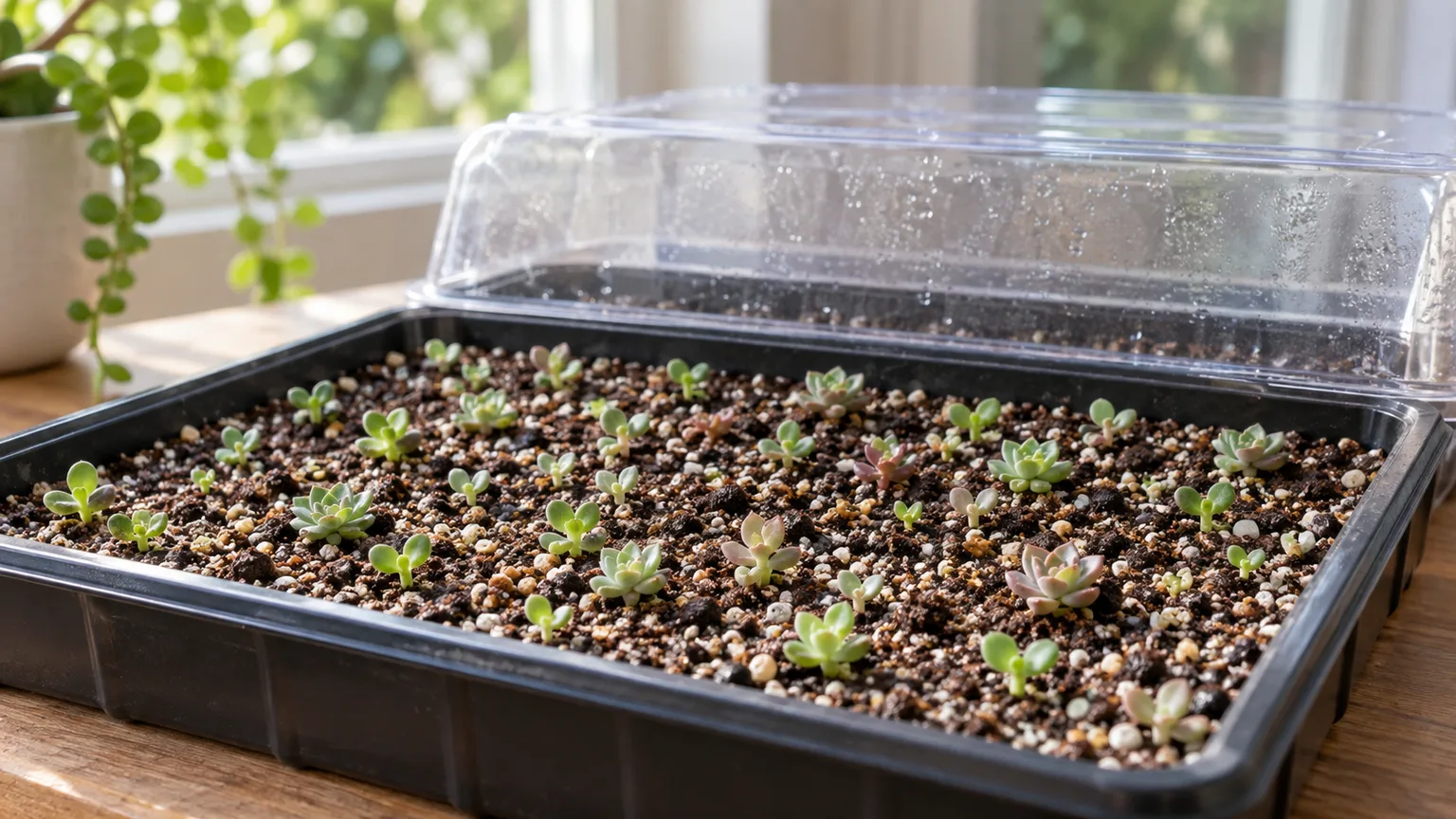 Covered tray of tiny succulent seedlings growing in fine potting mix