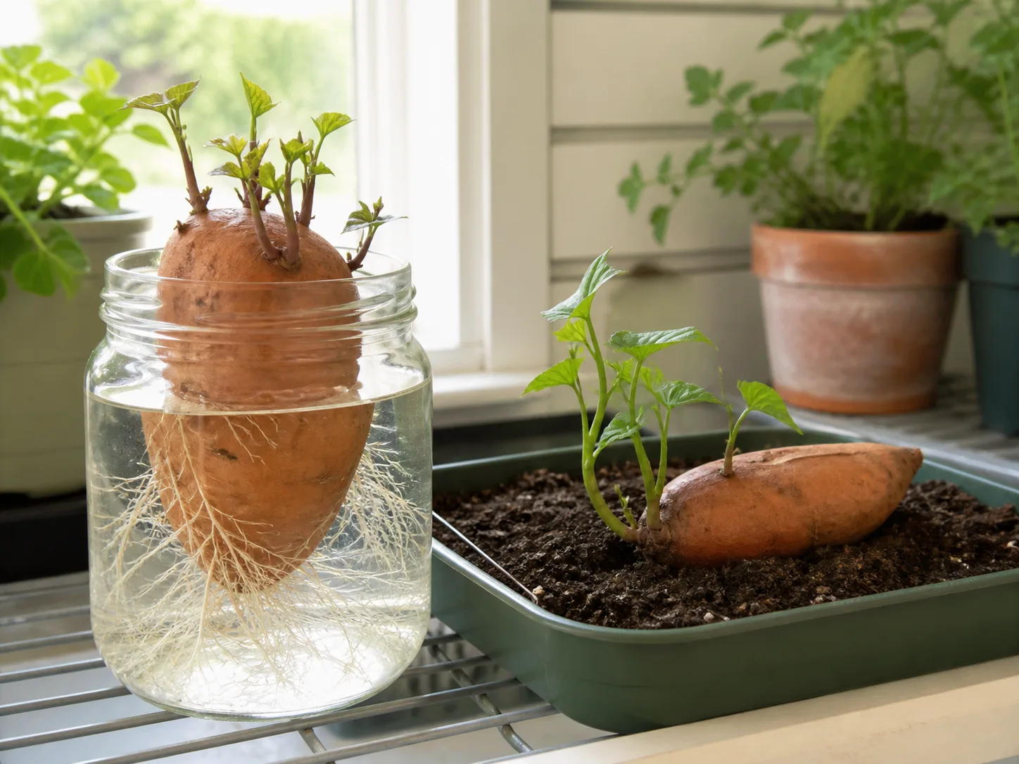 Sweet potato root sprouting in water beside a soil tray