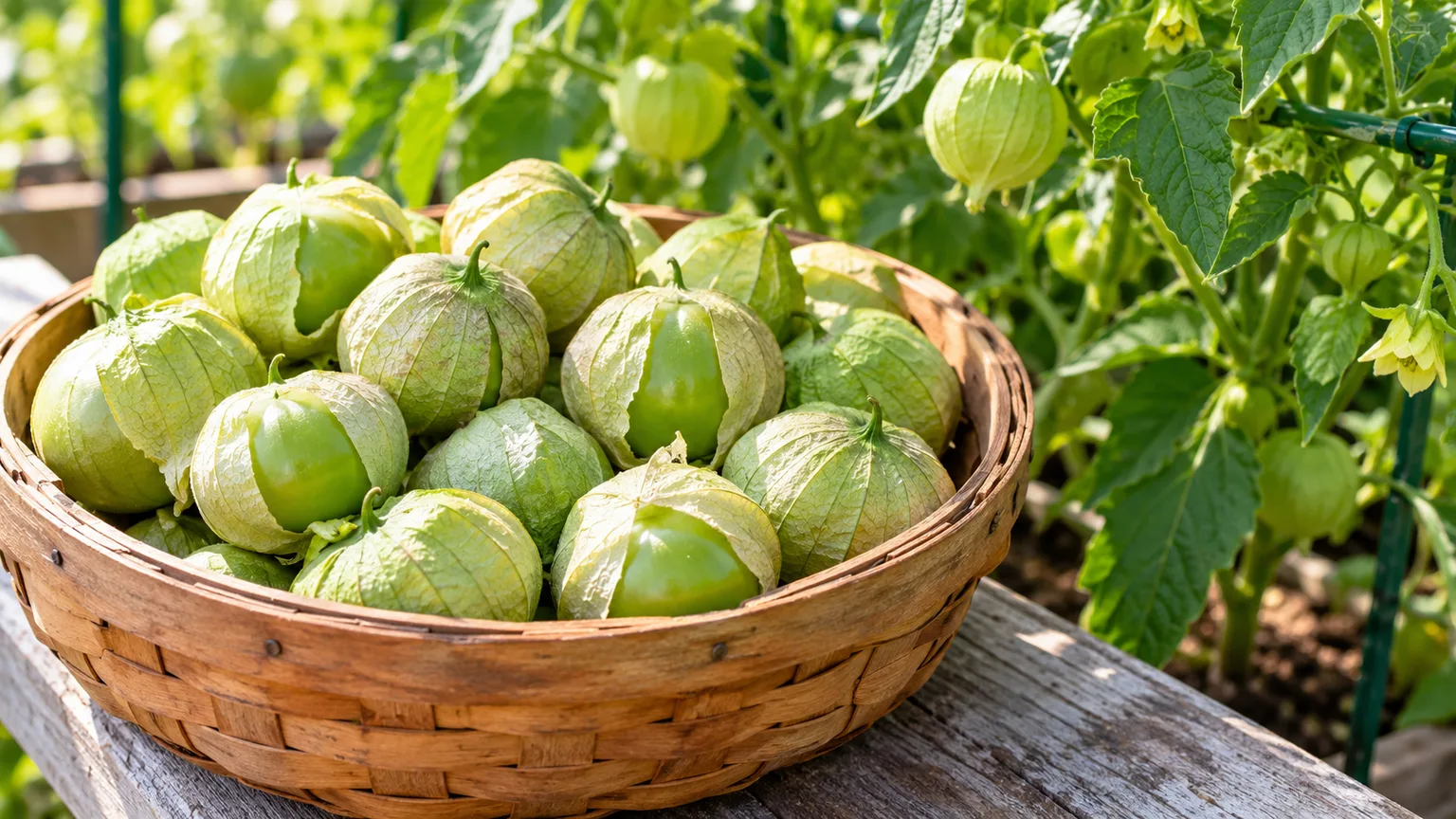 Firm green tomatillos filling their papery husks, gathered in a harvest basket