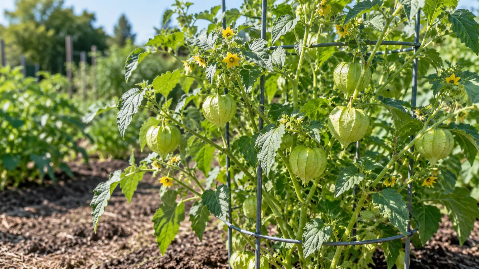 Tomatillo plants with papery green fruit growing inside a sturdy cage in a sunny vegetable garden