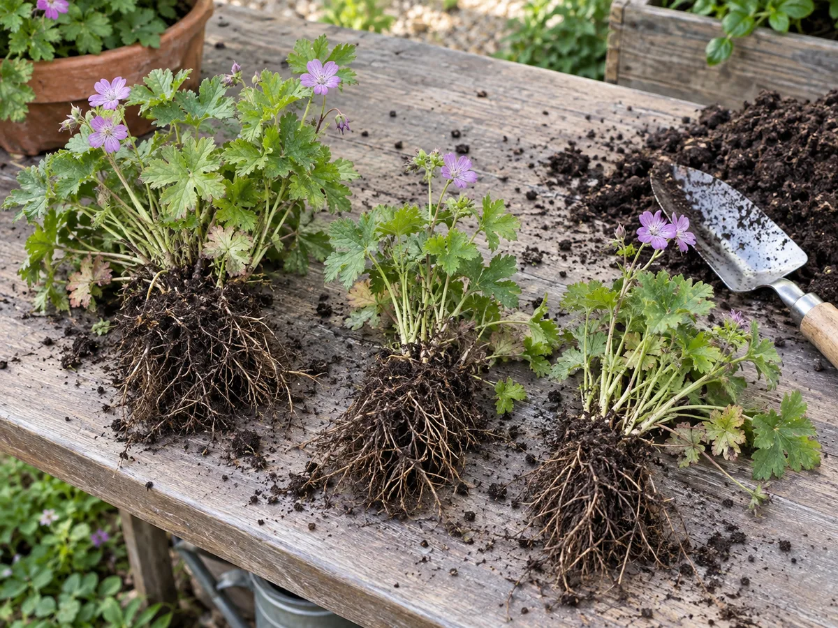 Three hardy cranesbill divisions, each retaining roots and leafy shoots, on a potting bench