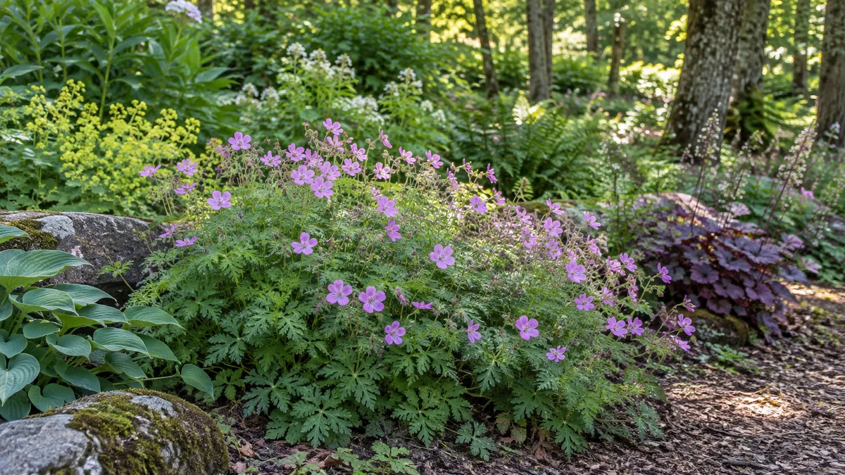 A low mound of hardy cranesbill with lobed leaves and five-petaled flowers in a temperate garden border