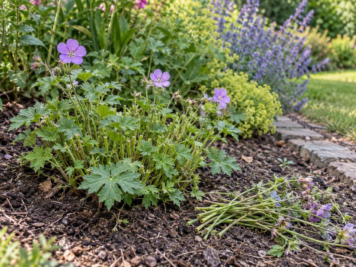 Hardy cranesbill after its main flowering flush, cut to fresh low foliage with removed stems beside the clump