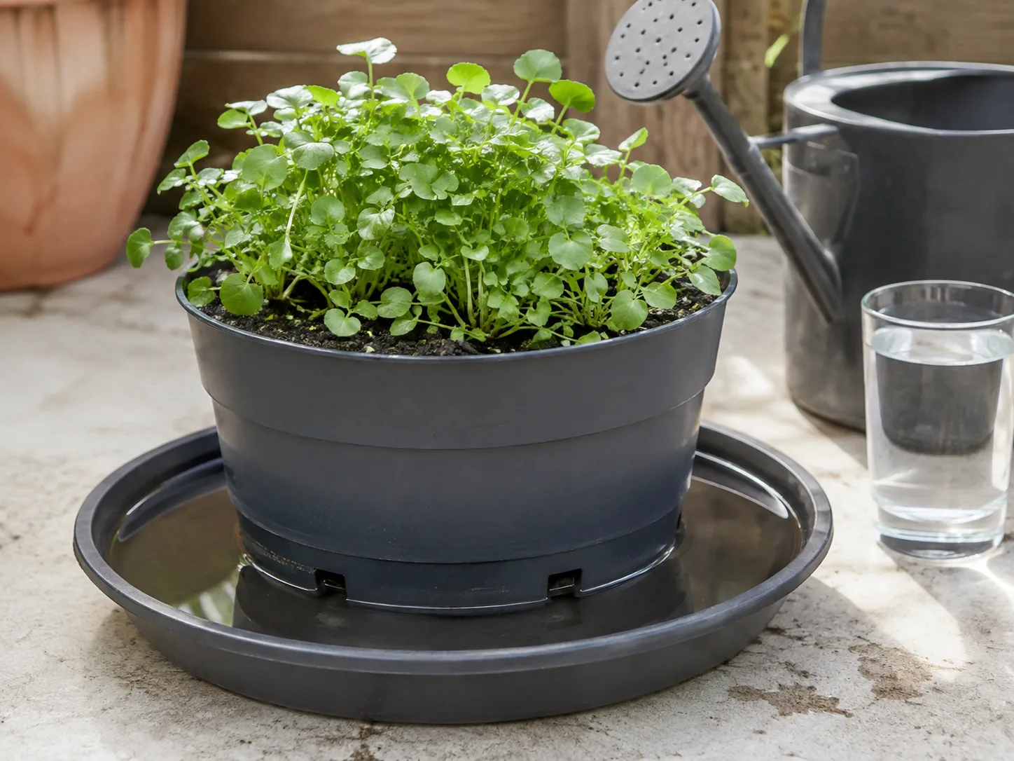 Watercress growing in a broad pot set above a shallow clean-water reservoir