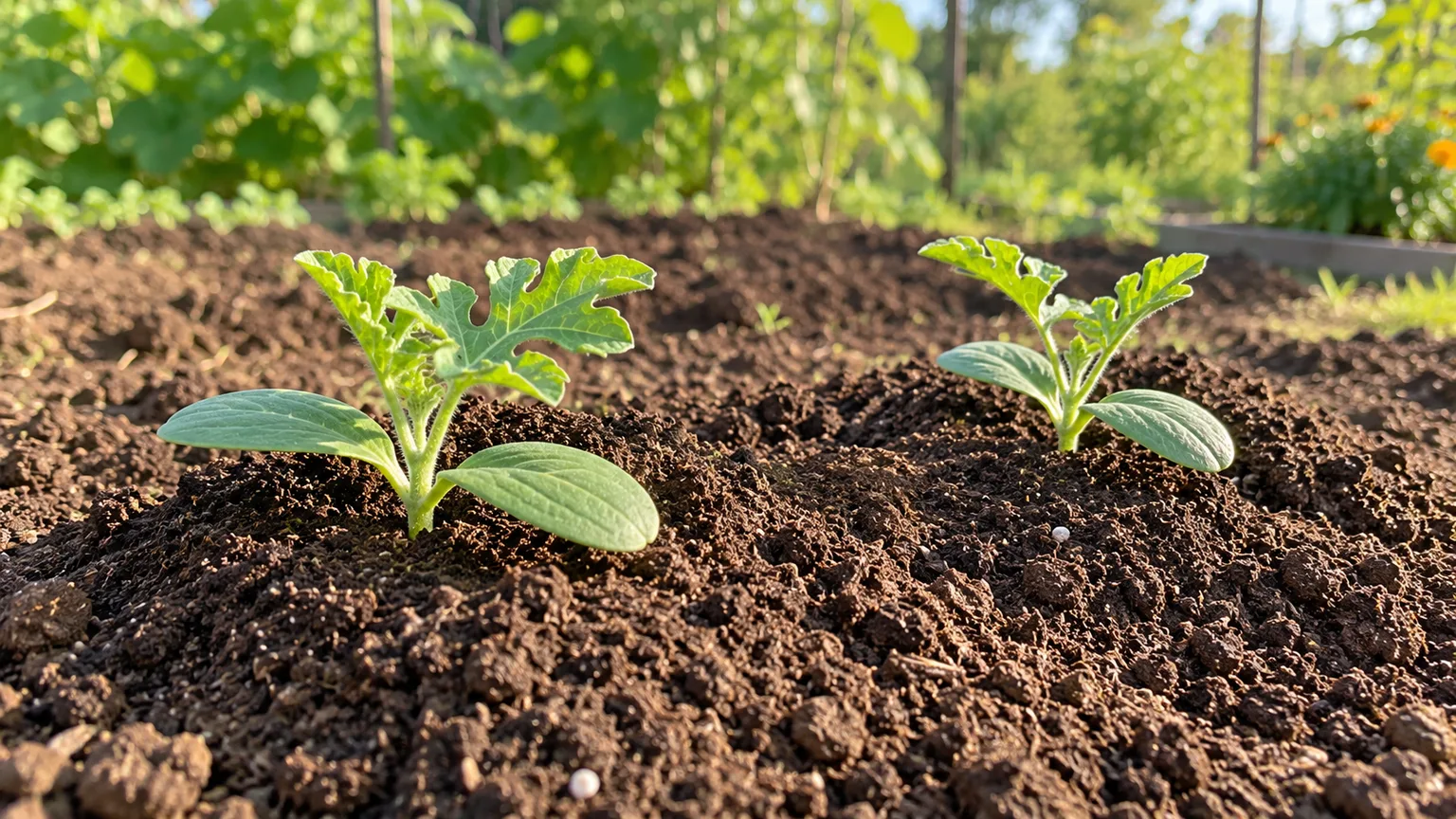Two newly emerged watermelon seedlings in a low mound of warm, prepared garden soil