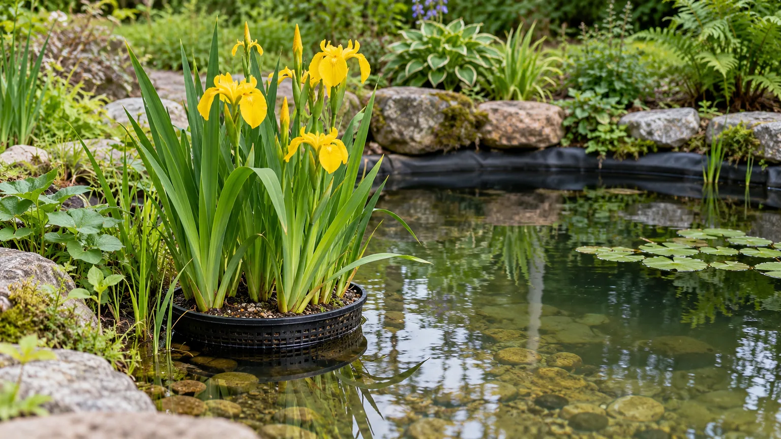 Yellow flag iris growing in an aquatic basket at the shallow waterline of an isolated ornamental pond