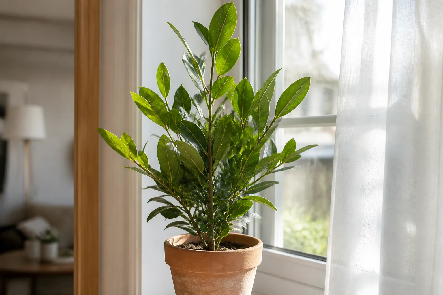 Potted bay laurel on a bright south-facing windowsill with filtered sunlight