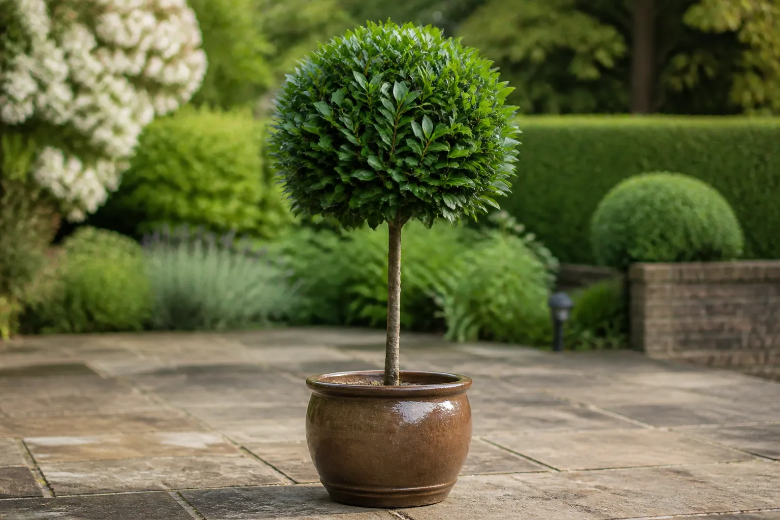 Bay laurel standard topiary in a heavy ceramic pot on an outdoor stone patio