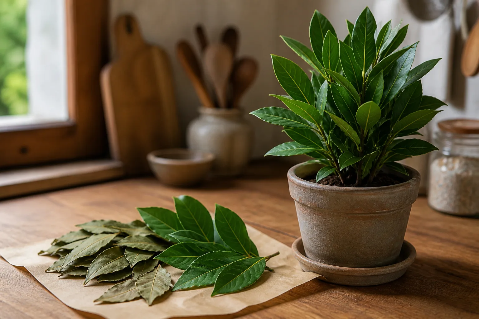 Fresh and dried bay laurel leaves beside a small potted bay plant on a kitchen counter