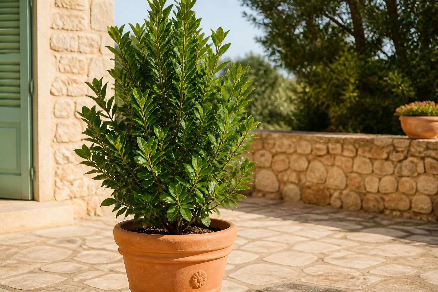 Potted Laurus nobilis bay laurel with glossy evergreen leaves on a sunny patio