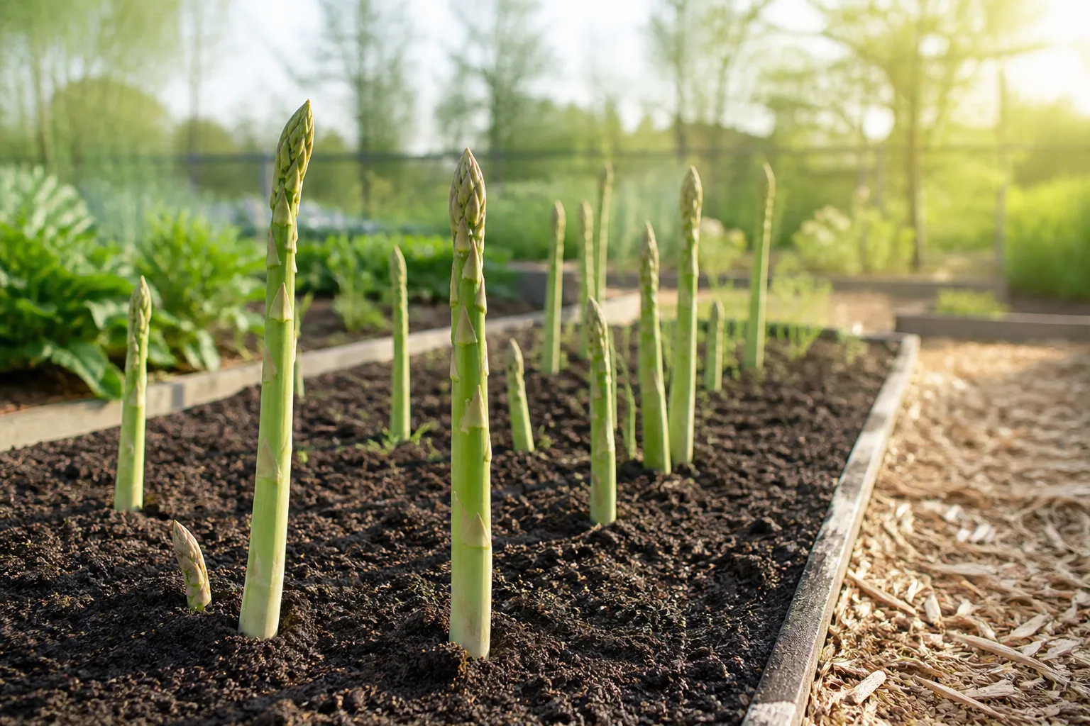 Fresh green asparagus spears emerging from a spring vegetable garden bed at harvest height