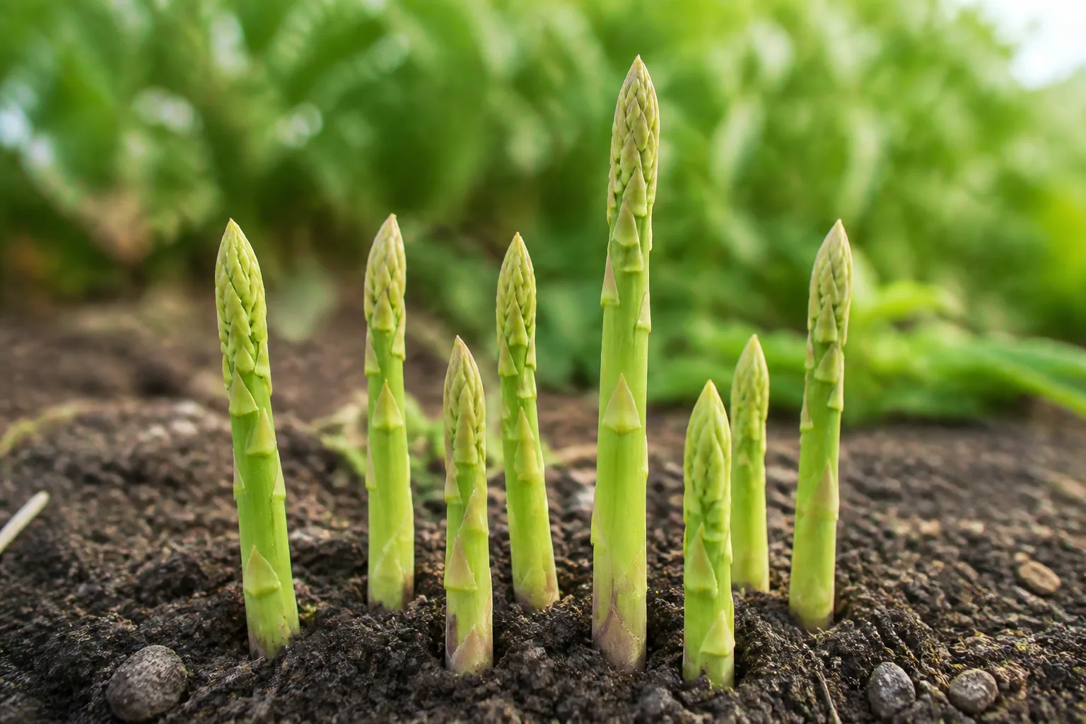 Asparagus spears at ideal harvest height with closed tips in a spring garden bed