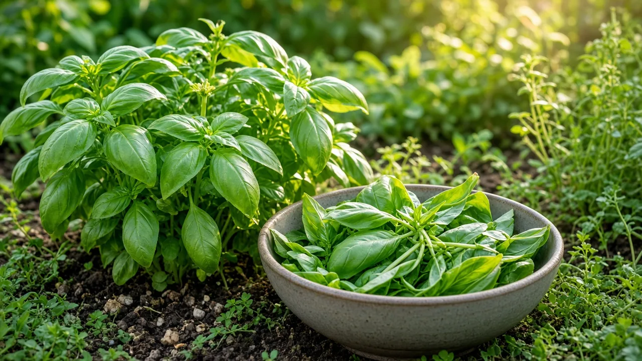 Hero illustrating how to harvest basil so the plant keeps branching and producing