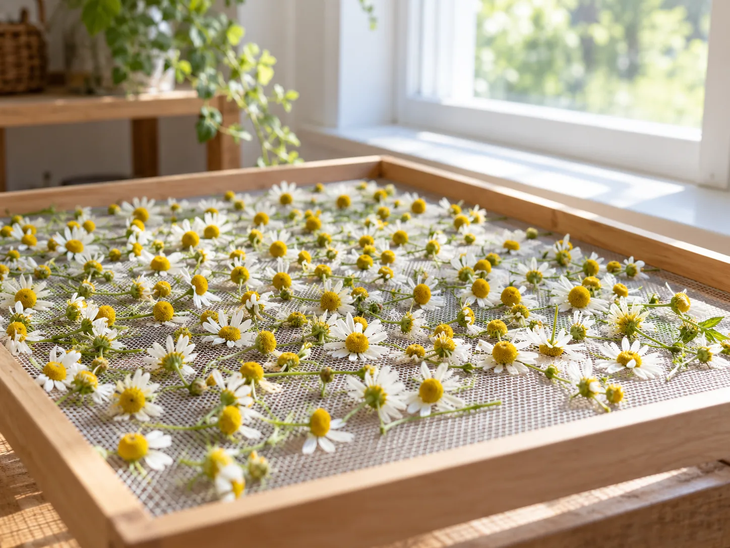 Chamomile flower heads drying in a single layer on a mesh screen