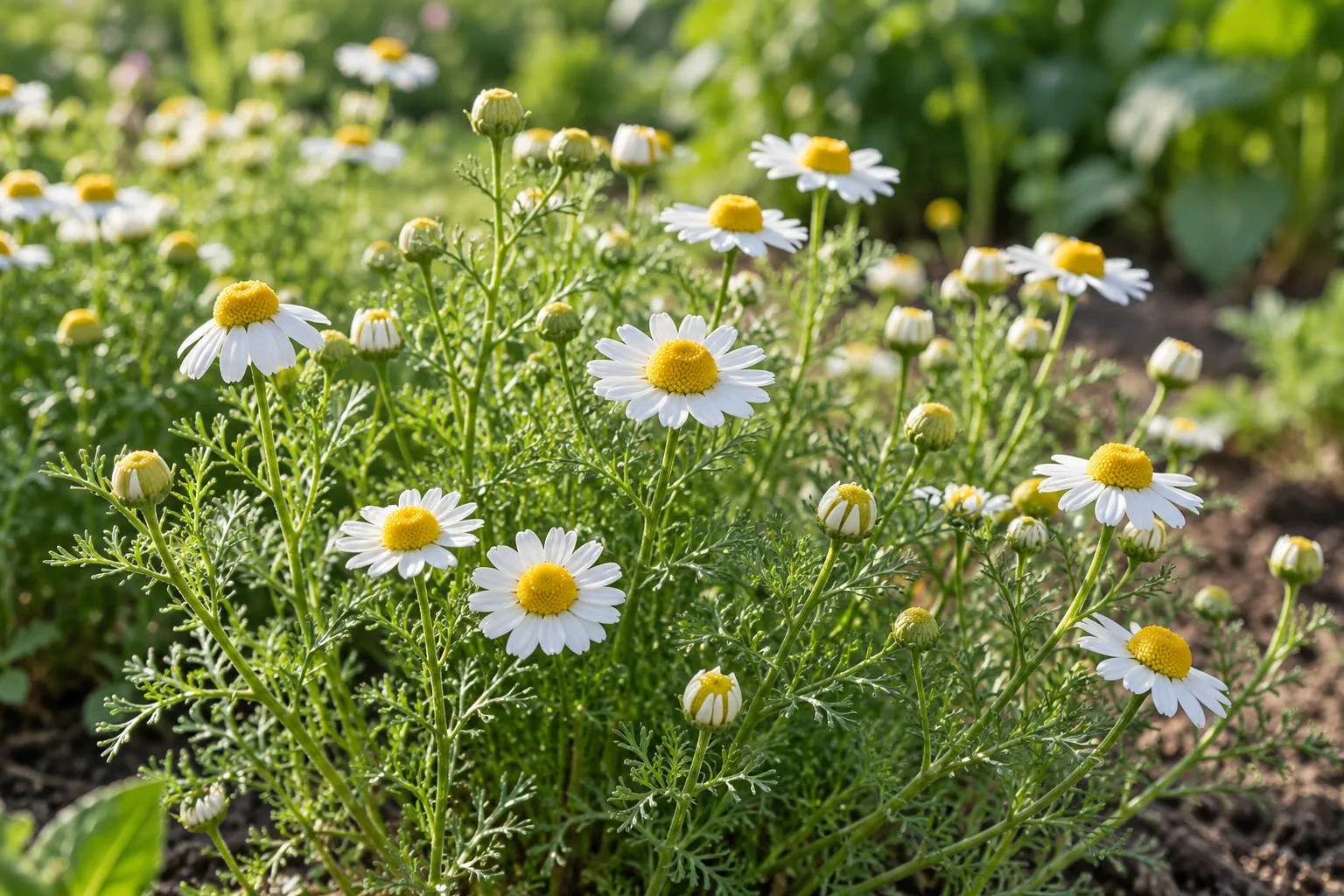 German chamomile with open white petals and yellow flower centers ready to harvest