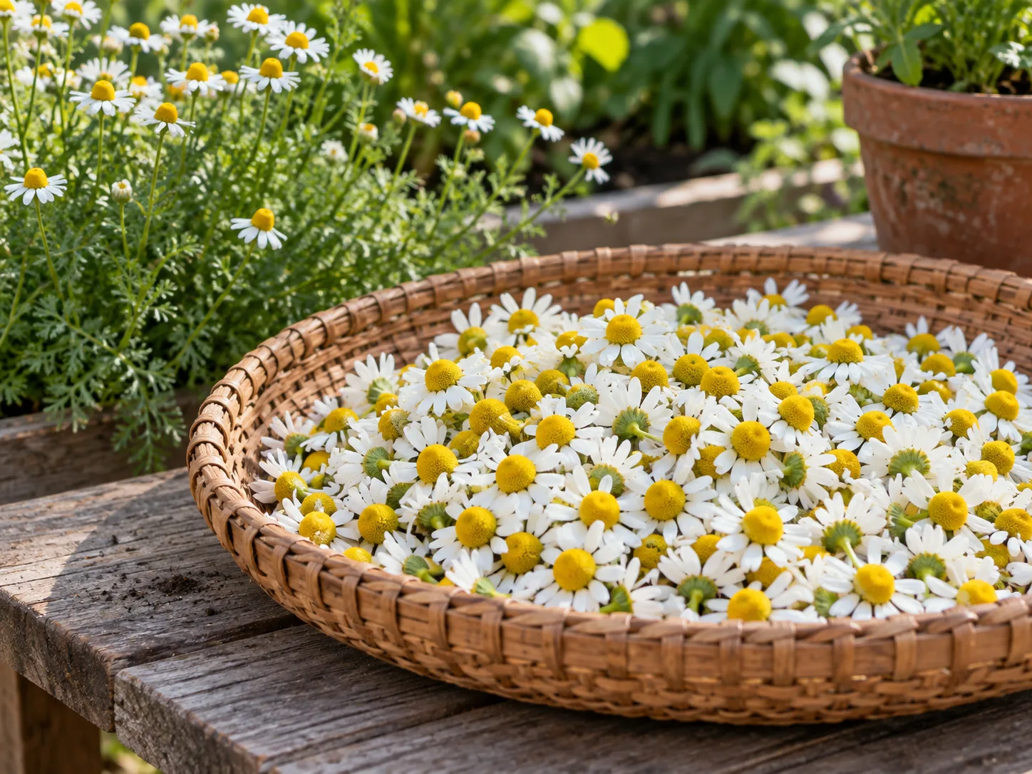 Freshly opened chamomile flowers ready to pick