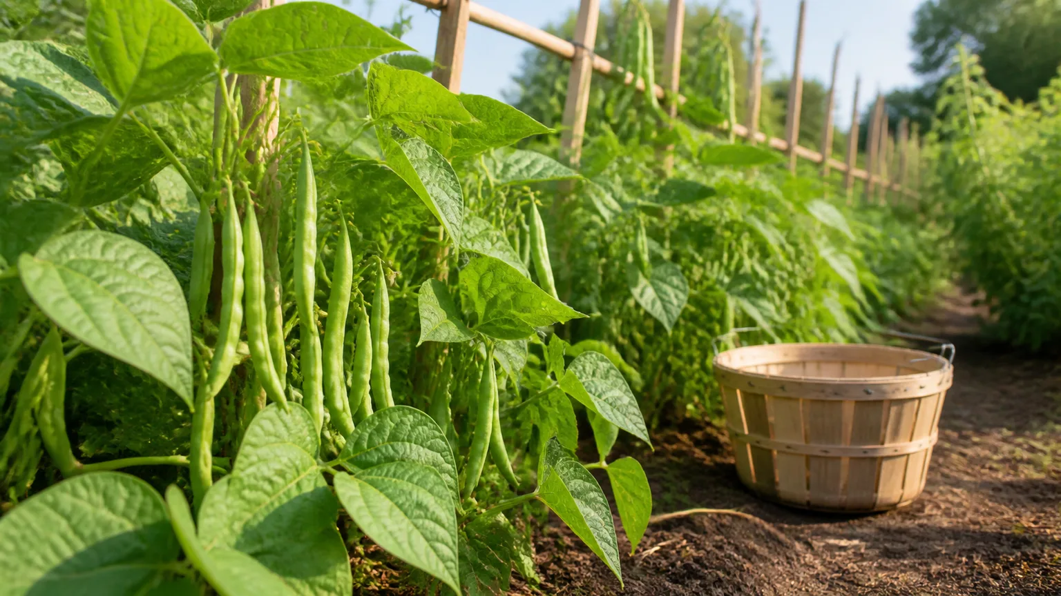 Harvest-ready green bean plants with smooth pods beside a garden basket