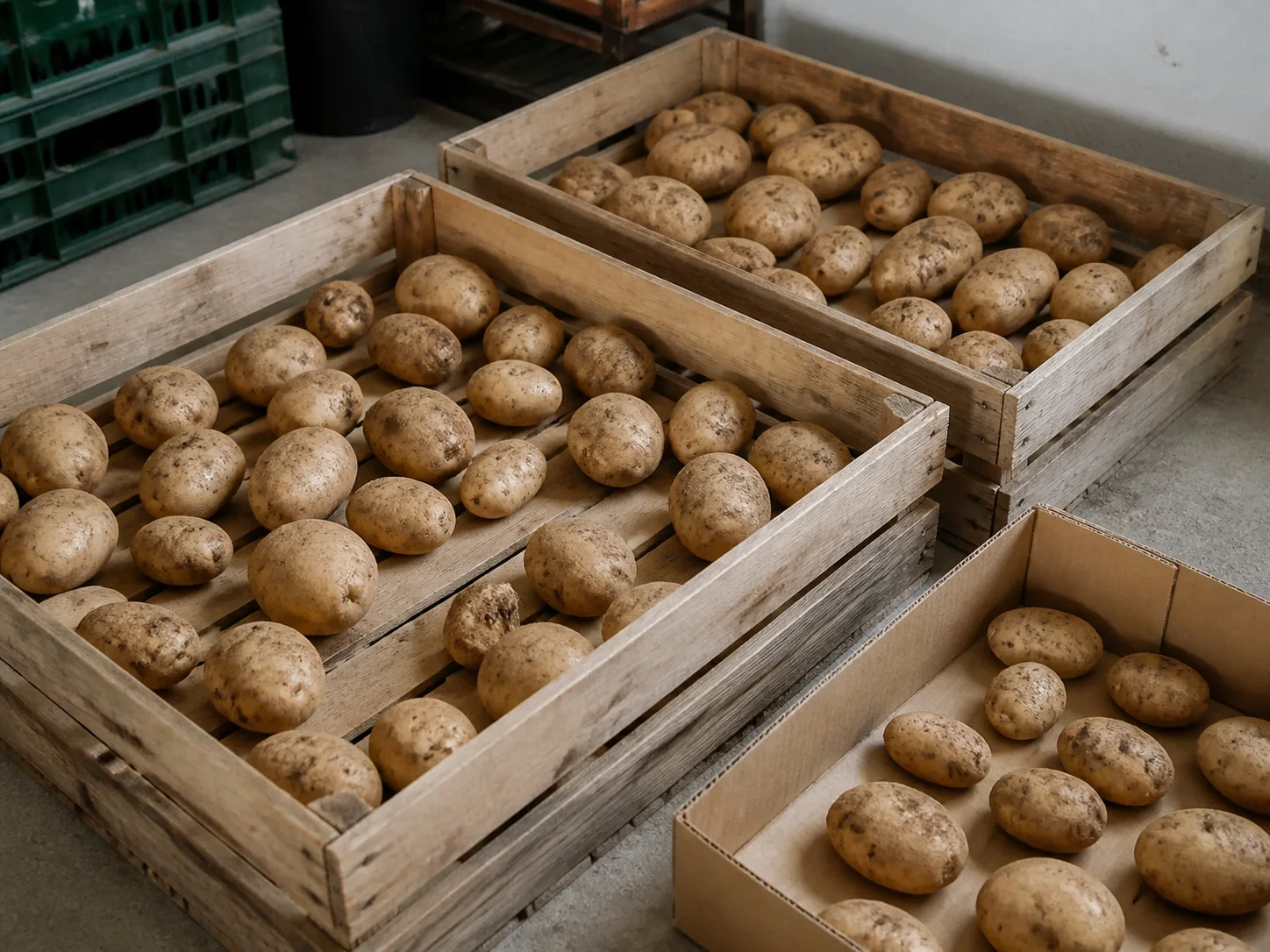 Unwashed potatoes spread in ventilated crates for curing and storage