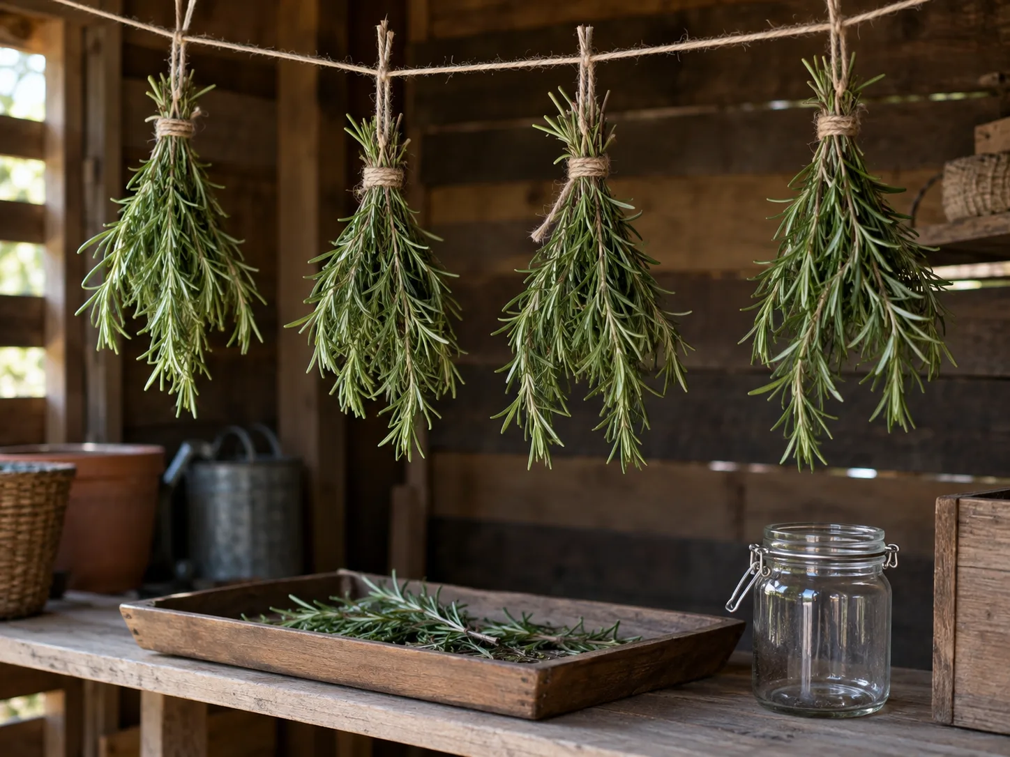 Rosemary stems arranged for air-drying in a well-ventilated space