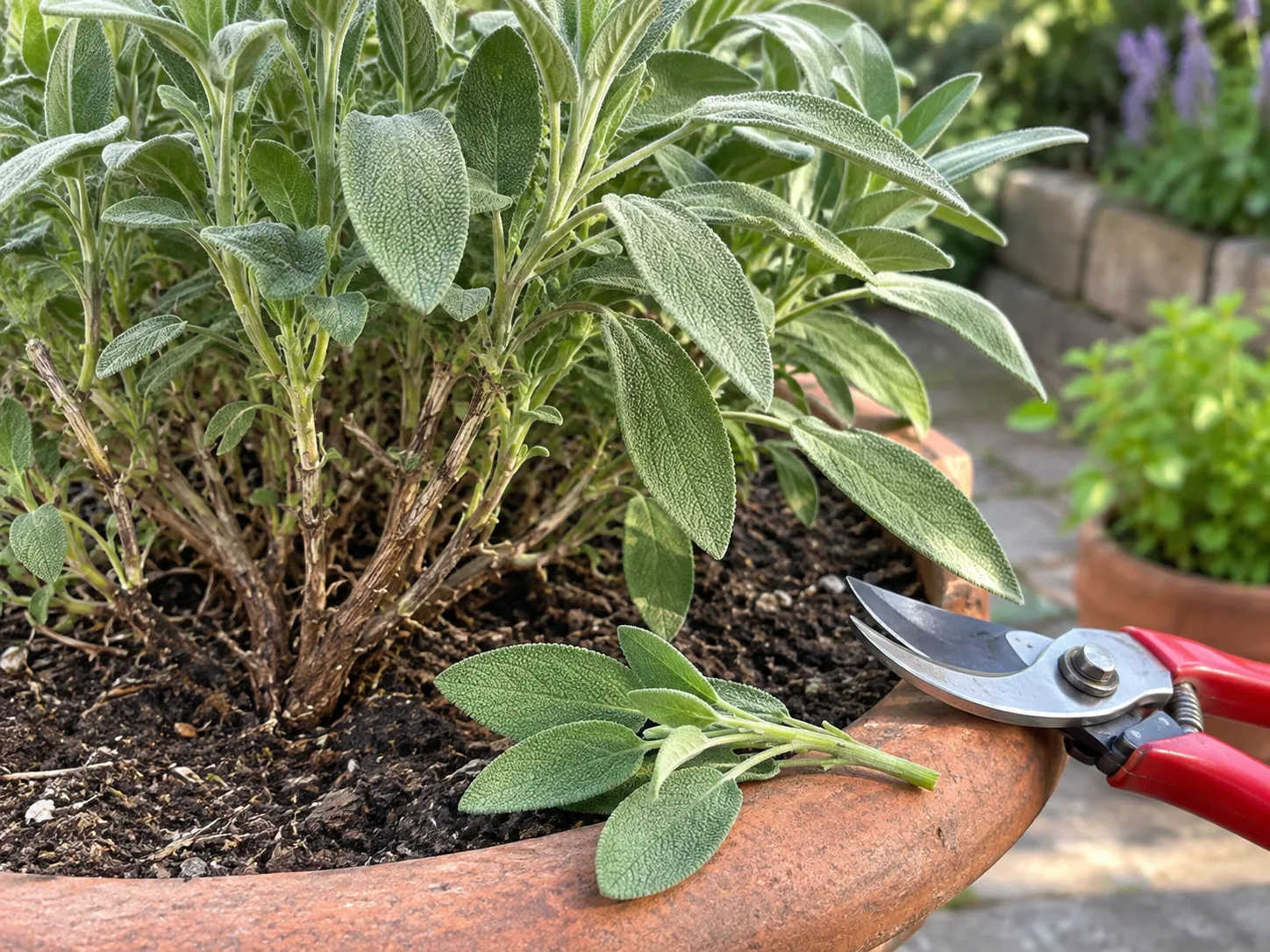 Clean pruners beside a leafy culinary sage stem, with green shoots and old woody growth visible