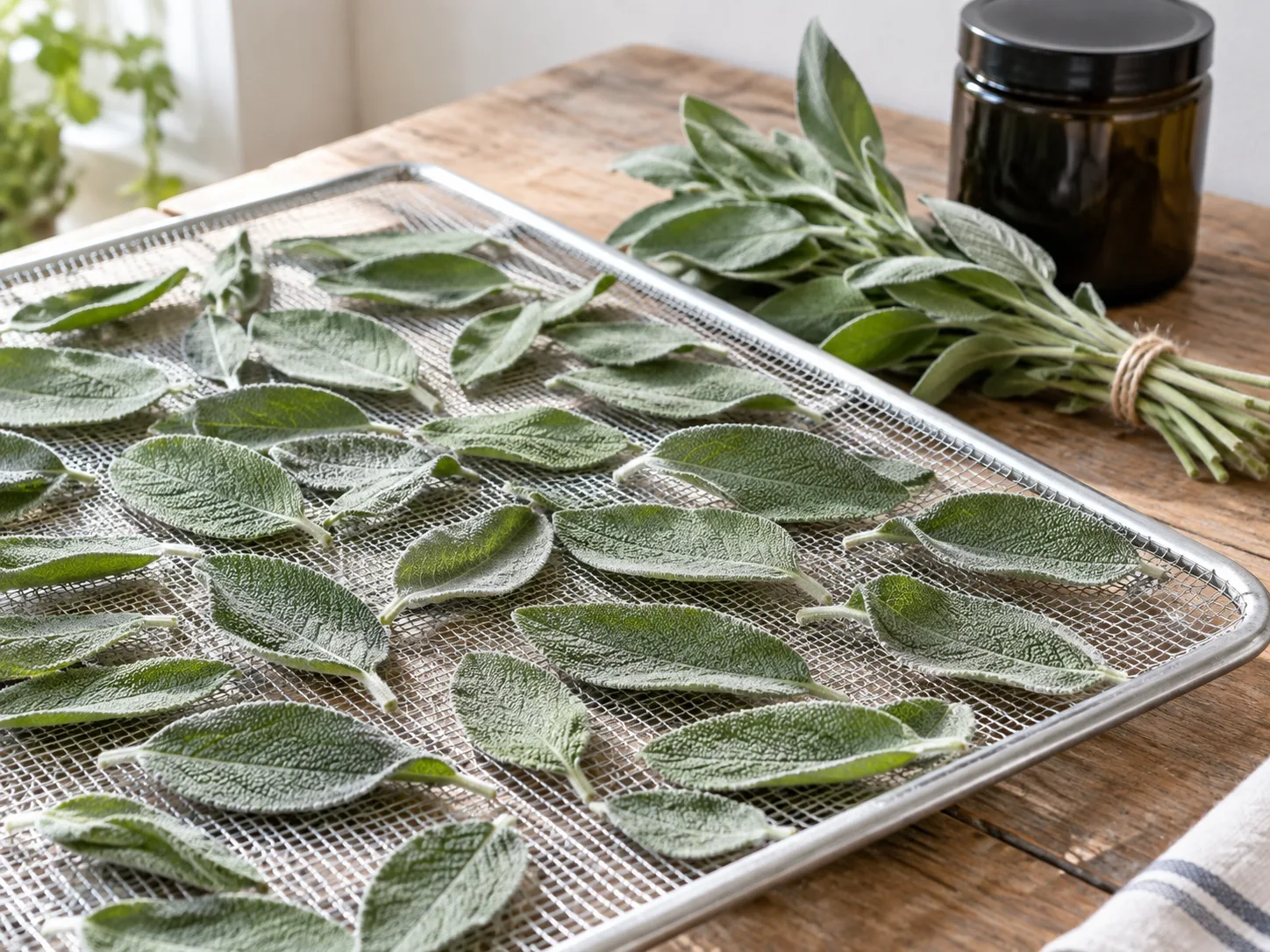 Broad oval sage leaves spread in a single layer on a mesh screen beside a small bundle and dark storage jar