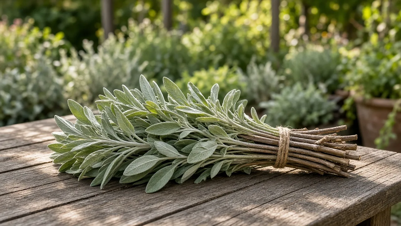 Culinary sage stems being harvested with clean snips from a mature garden plant