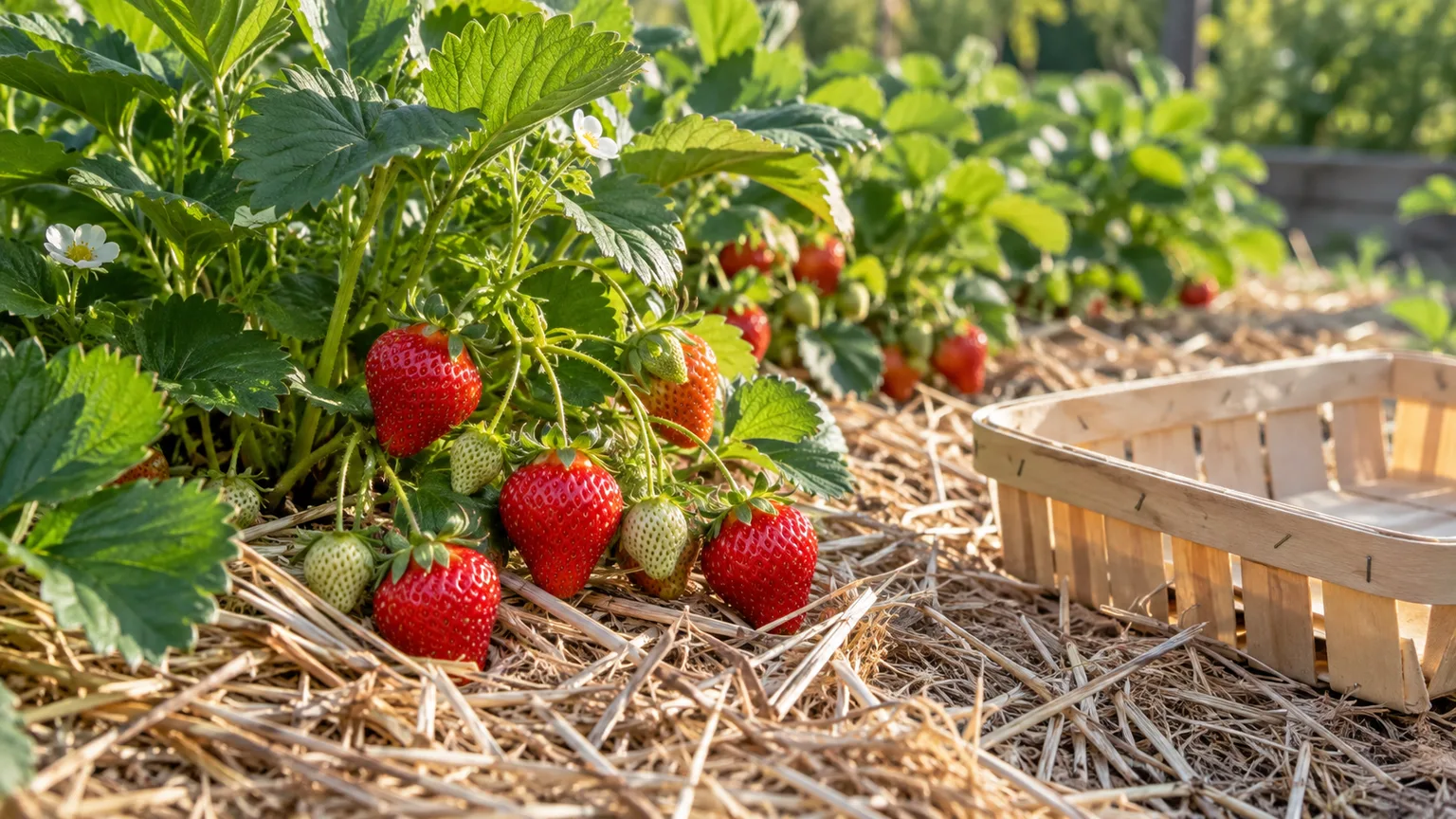 Ripe and unripe strawberries growing in a mulched outdoor bed, with a shallow berry basket ready for harvest