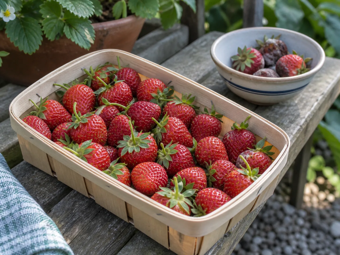 Freshly harvested strawberries held in a shallow basket, with softer fruit sorted separately before refrigeration