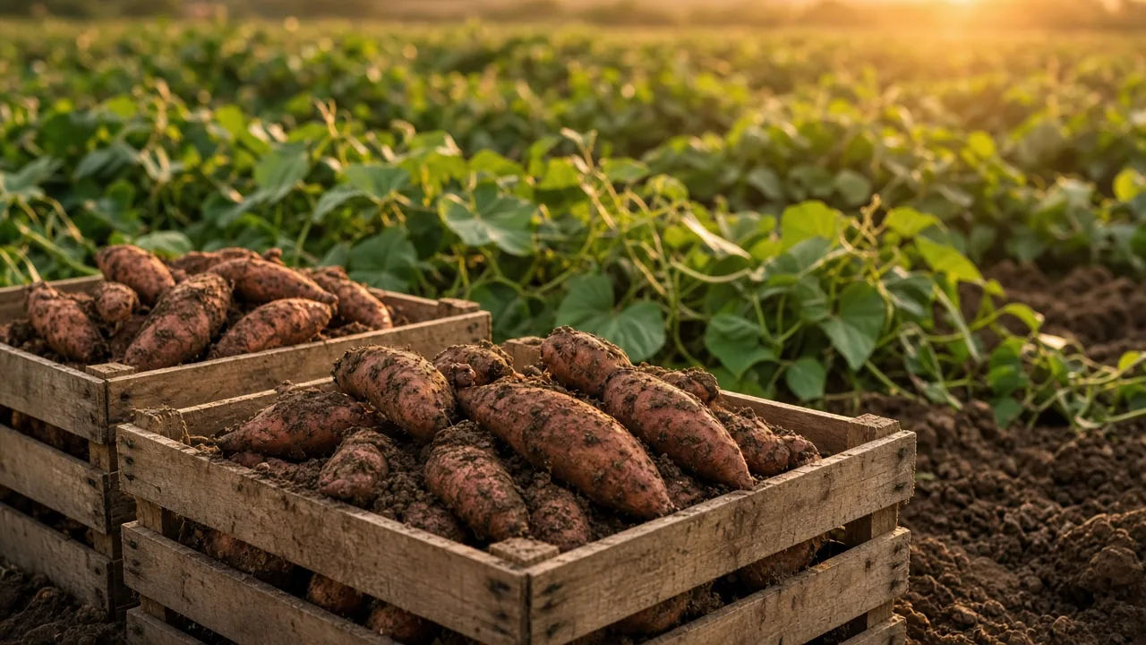 Sweet potato roots exposed beside healthy vines in a loose garden row