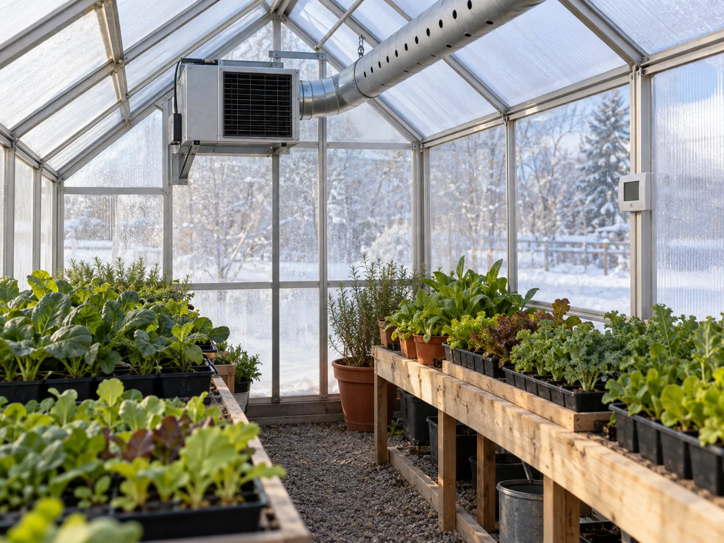 A greenhouse-rated electric heater sends warm air through a perforated distribution tube while a thermostat reads temperature at plant height.