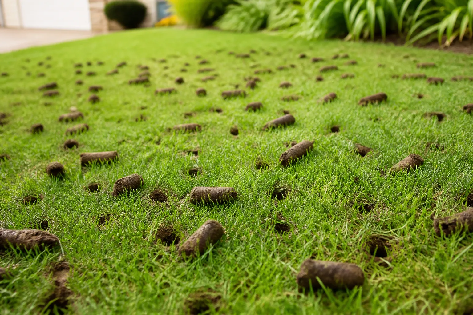 Core aeration plugs on a residential lawn after aerating compacted soil