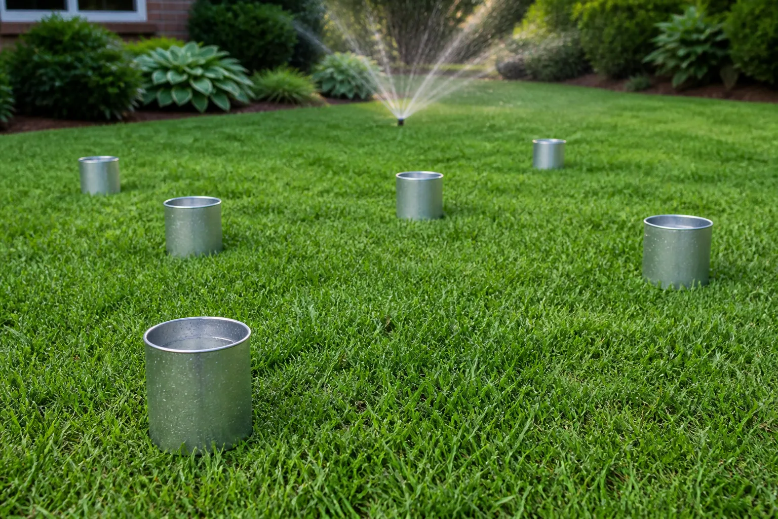 Catch cans placed across a lawn to measure sprinkler output during an irrigation audit