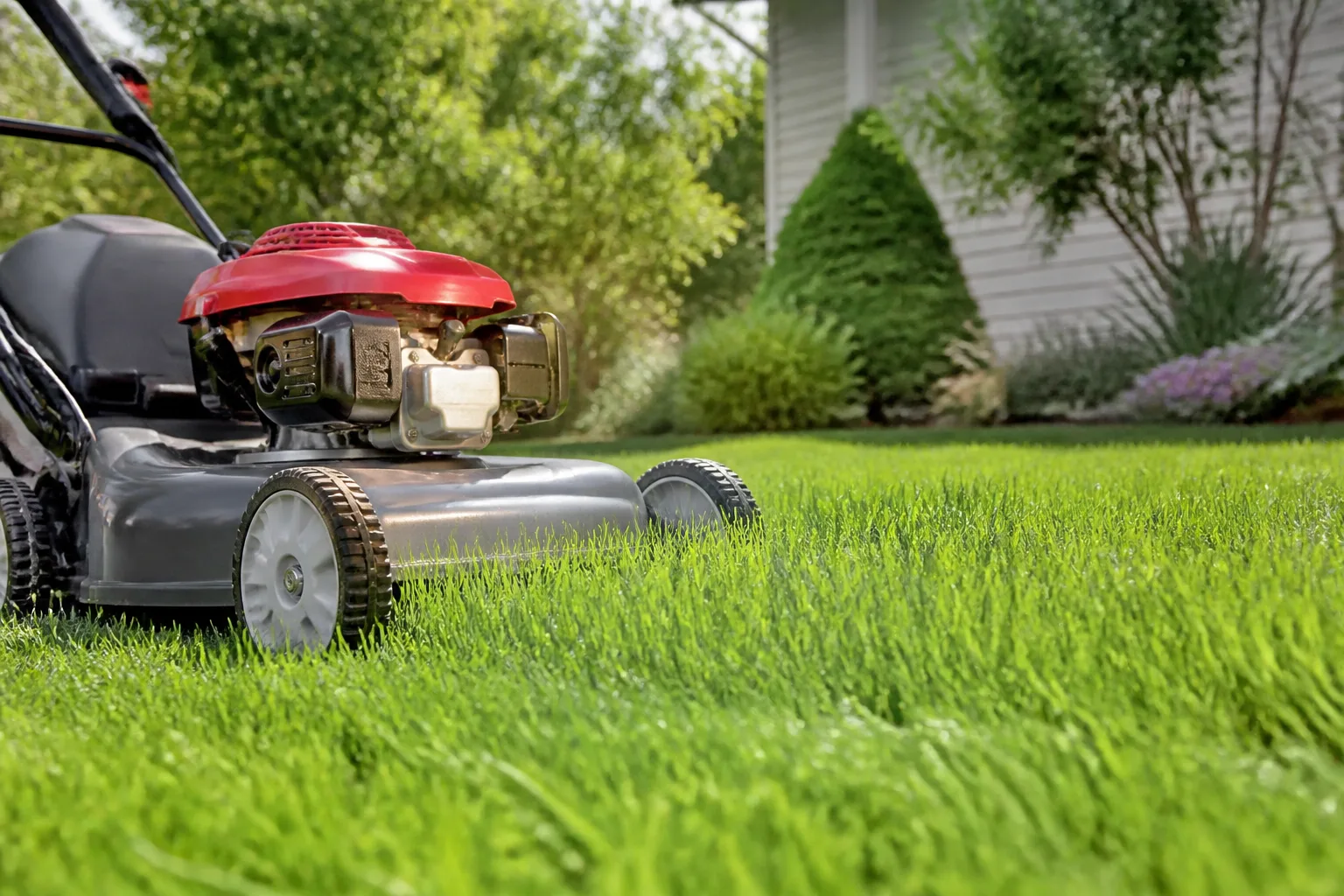 Lawn mower cutting tall green grass at a higher deck setting to protect leaf area