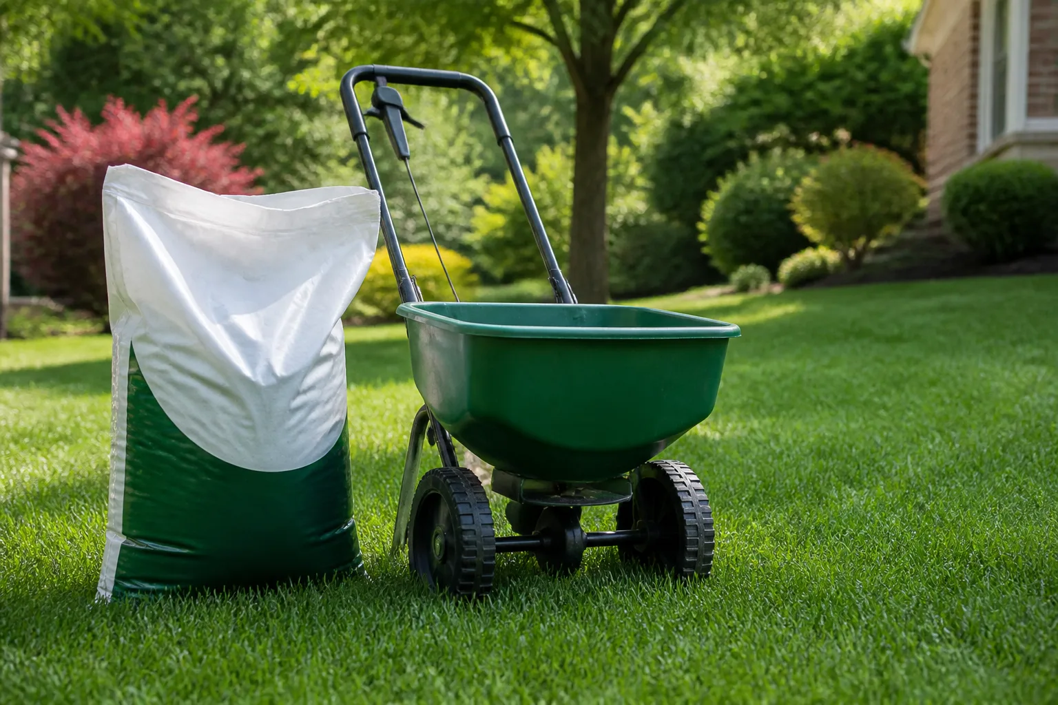 Granular lawn fertilizer and broadcast spreader on a healthy green residential lawn