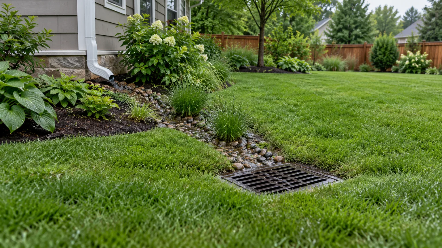 A grated catch basin collects yard runoff below a downspout and carries it toward a planted swale