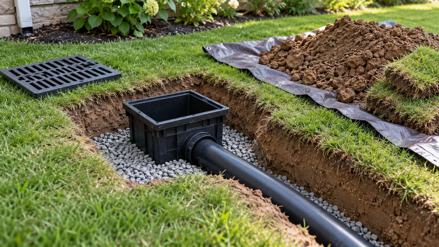 Catch basin set on a level gravel base with a solid outlet pipe in a prepared trench