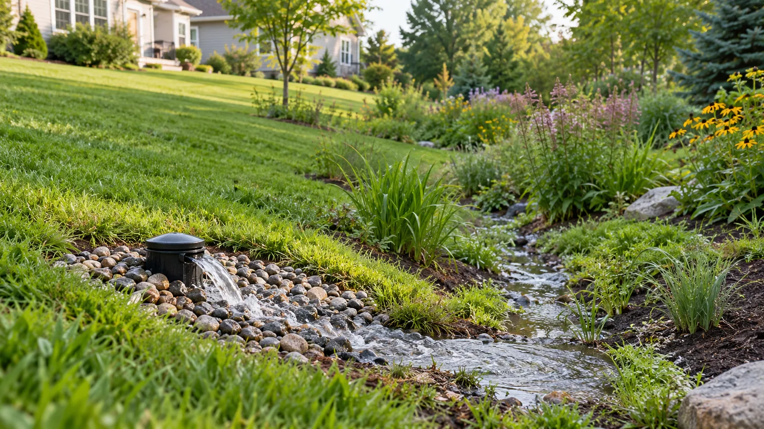 A low-profile drain outlet releases water into a stable planted swale away from the home