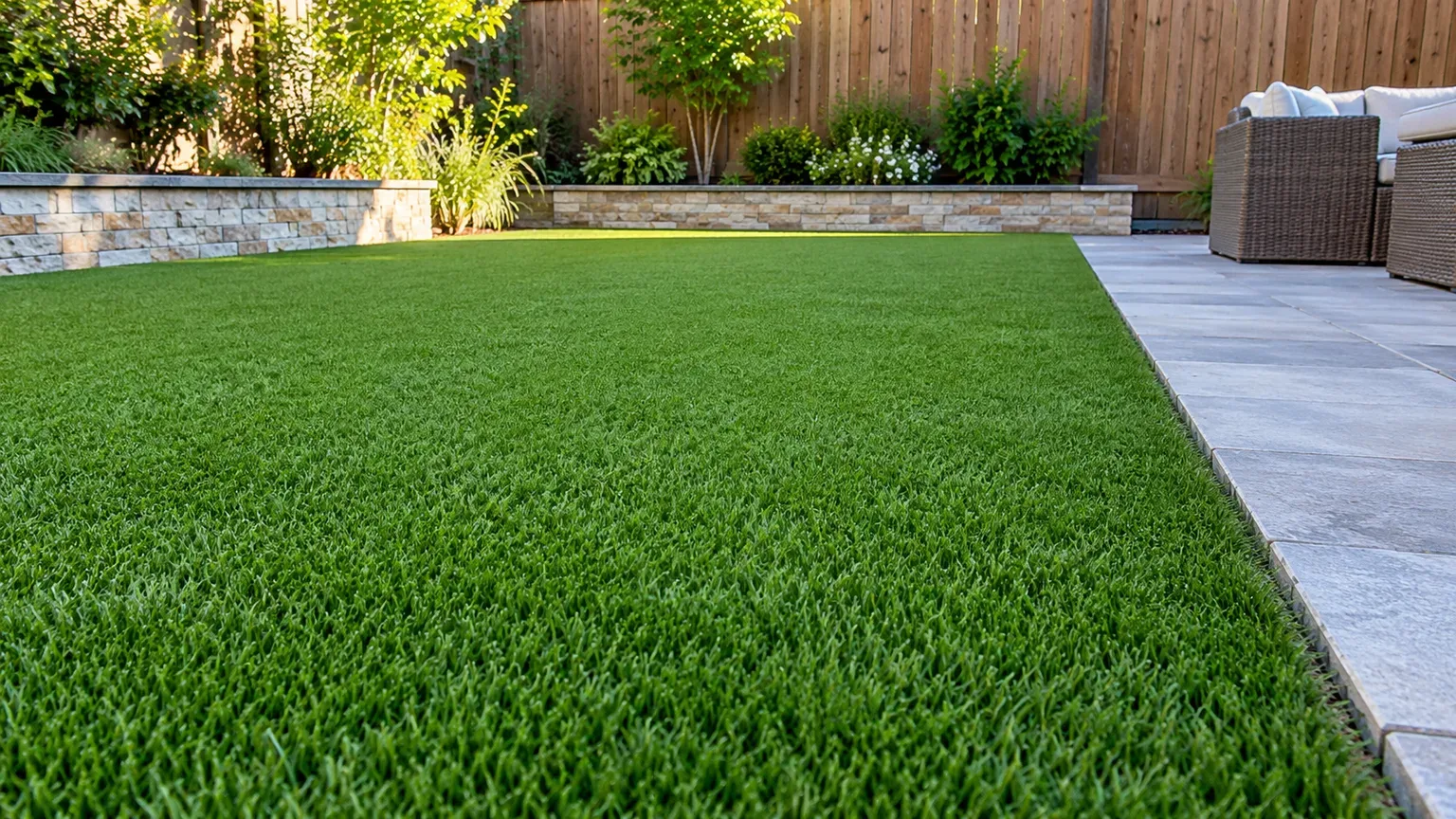 A completed artificial grass lawn beside a stone patio in a residential backyard