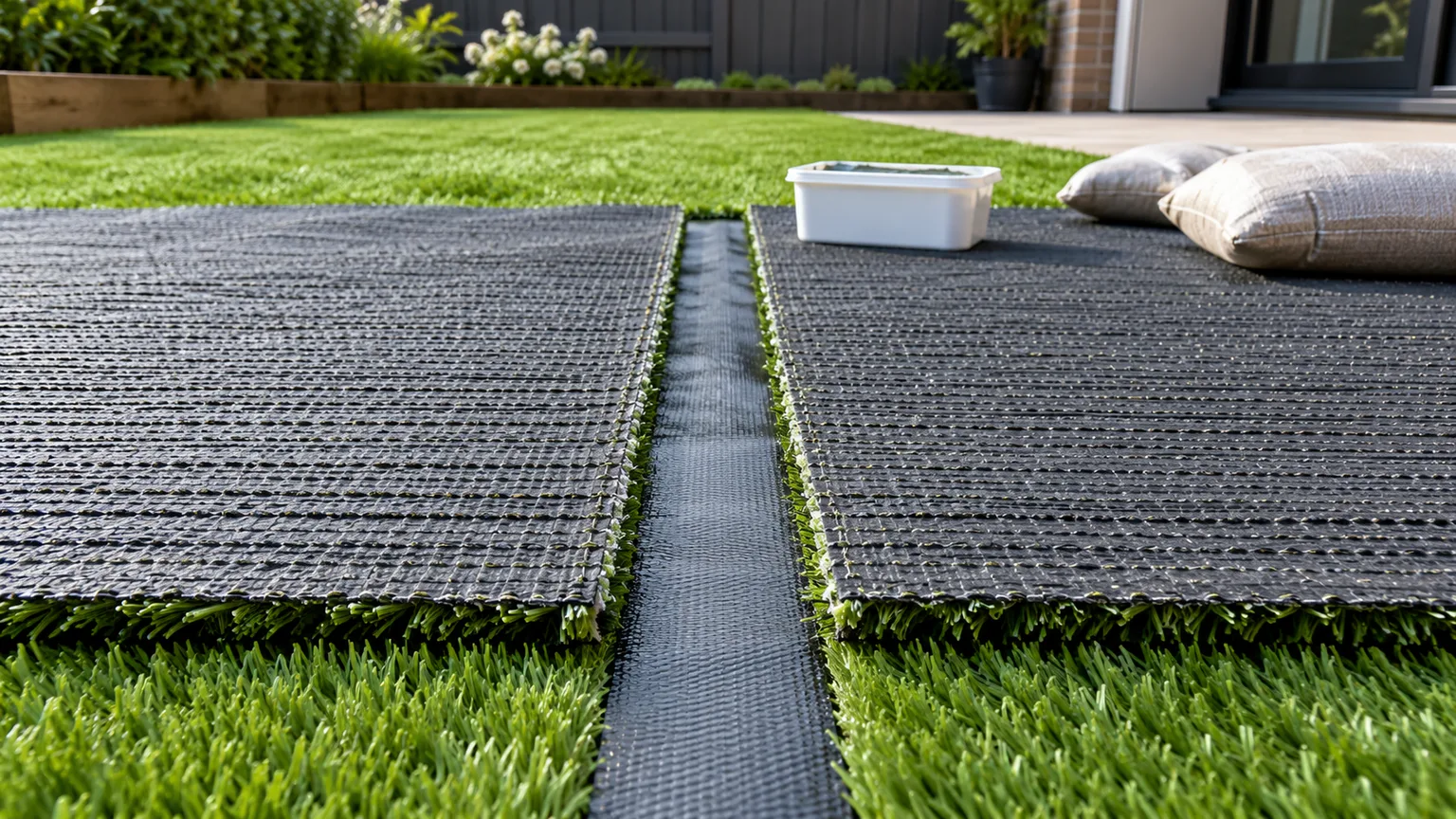 Artificial grass backing edges aligned over seam tape before bonding